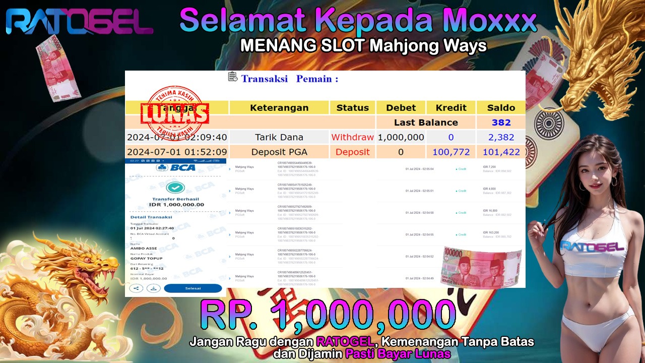 BUKTI JACKPOT SLOT MAHJONG WAYS TERPERCAYA DI INDONESIA TGL 01-07-2024