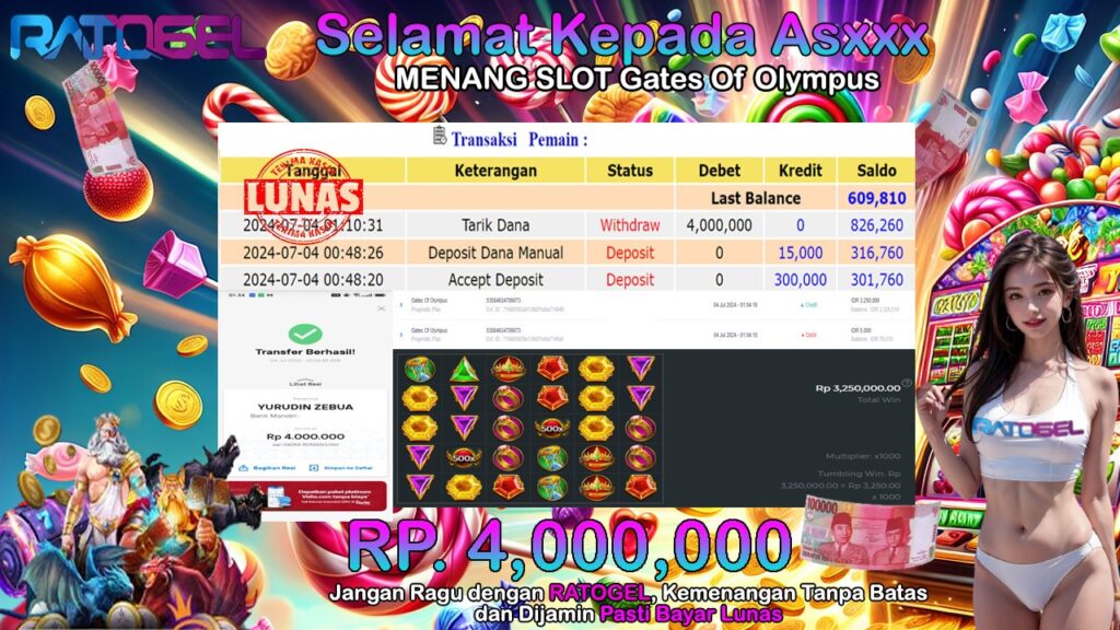 BUKTI JACKPOT SLOT GATES OF OLYMPUS TERPERCAYA DI INDONESIA TGL 04-07-2024