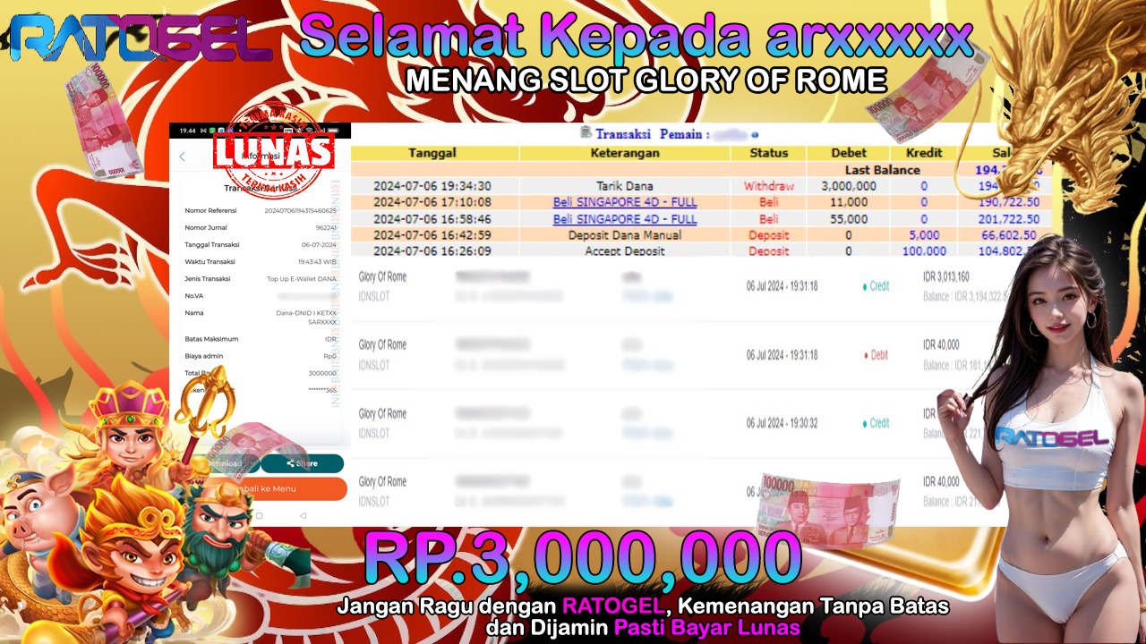 BUKTI JACKPOT SLOT GLORY OF ROME TERPERCAYA DI INDONESIA TGL 06-07-2024