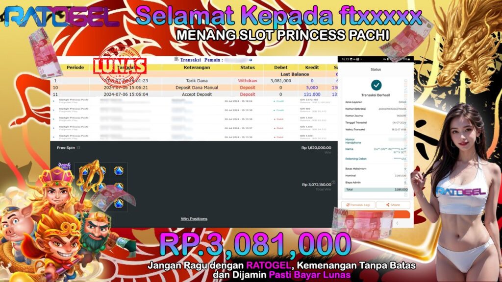 BUKTI JACKPOT SLOT PRINCESS PACHI TERPERCAYA DI INDONESIA TGL 06-07-2024